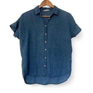 Madewell Central Ruffle Sleeve Indigo Blue Cotton Linen Button Down Shirt Size S